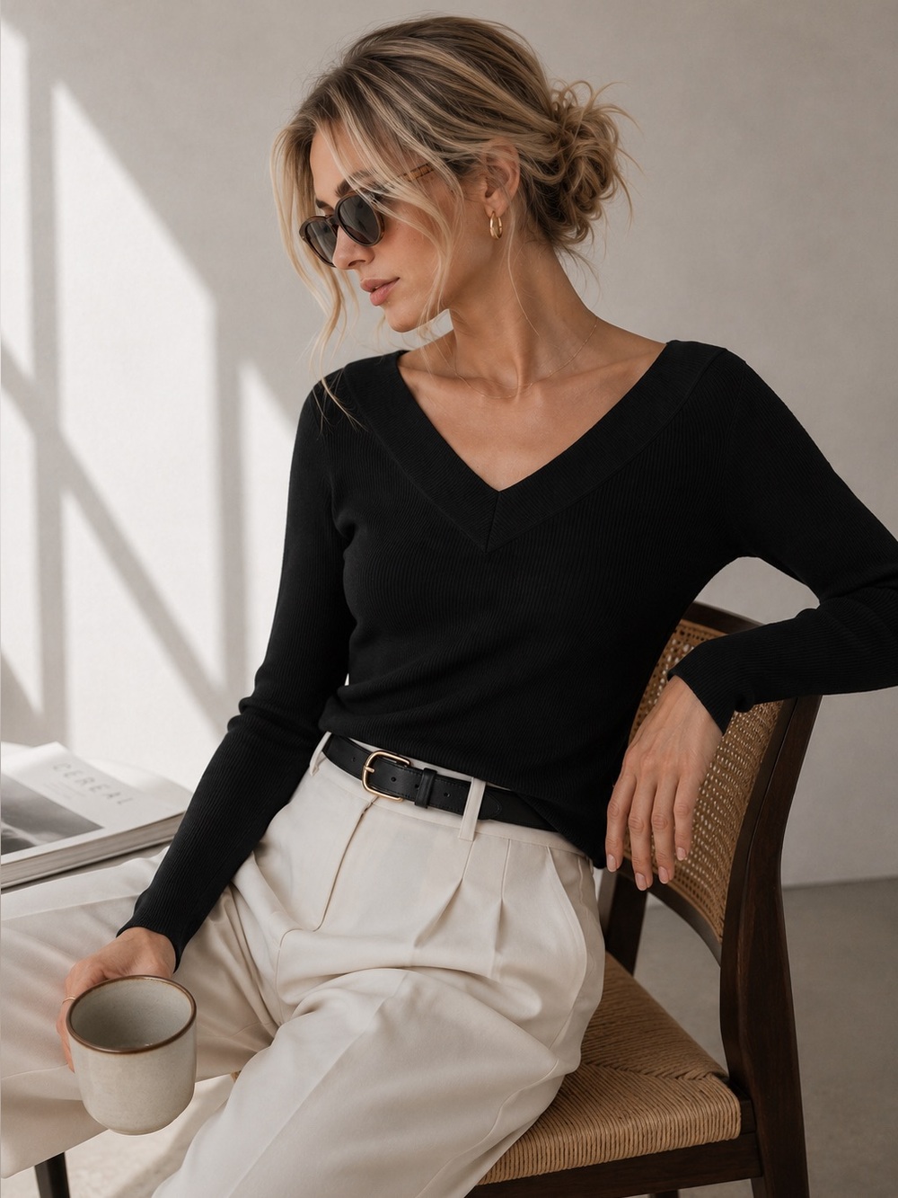 Trouve Ribbed Double V-Neck Sweater Black XXS